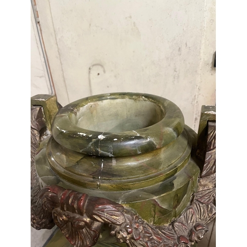 666 - Unusual Pair of Antique Marbleised Urns on Tapering Plinths with Burnished Floral Design (40 cm W x ... 