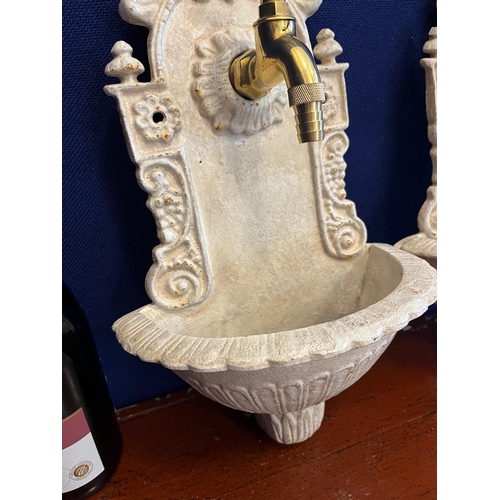 689 - Pair of Cast Iron Wall Fonts with Brass Taps (24cm W x 42 cm H x 15 cm H)