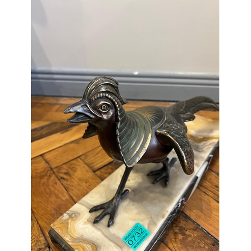 732 - Art Deco Period Spelter Pheasant on Marble Two Tone Base (50 cm W x 25 cm H x 14 cm D)