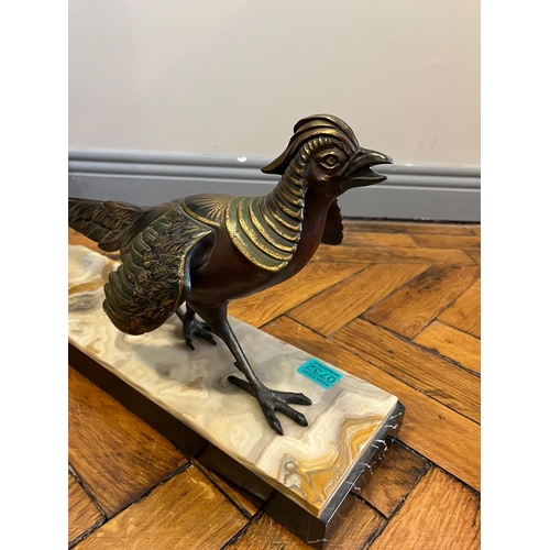 732 - Art Deco Period Spelter Pheasant on Marble Two Tone Base (50 cm W x 25 cm H x 14 cm D)