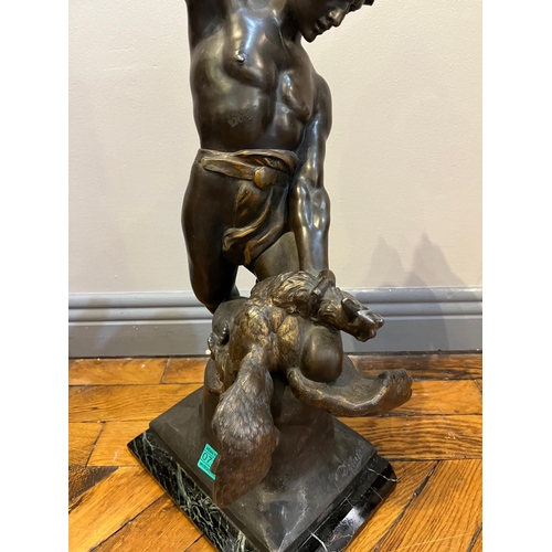 733 - Spelter Bronzed Figure of a Man Killing a Bird on an Variegated Marble Base (28 cm W x 50 cm H)