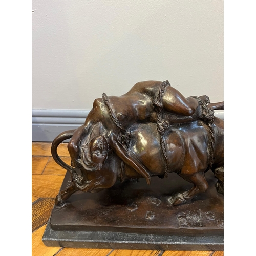 735 - Fine Bronze Figure of a Bull with Bound Naked Lady, Signed L. Carvin (42 cm W x 30 cm H)