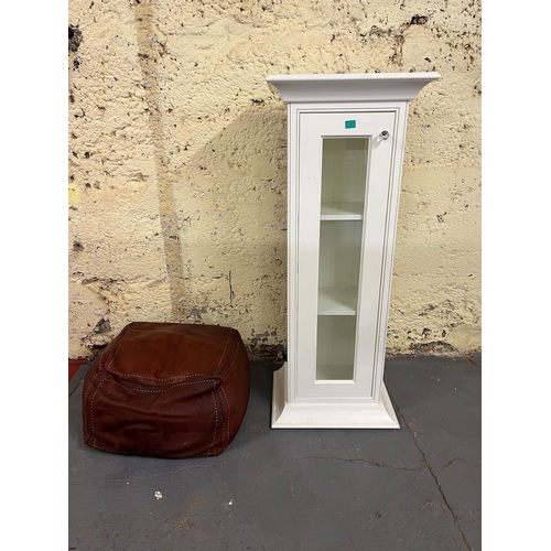 760 - Tall White Pedestal Cabinet and a Quality Leather Pouffe