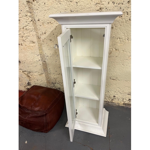 760 - Tall White Pedestal Cabinet and a Quality Leather Pouffe