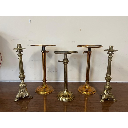 1 - Pair of Ecclesiastical Candle Sticks and Three Adjustable Brass Stands (Candle Sticks 42 cm H)