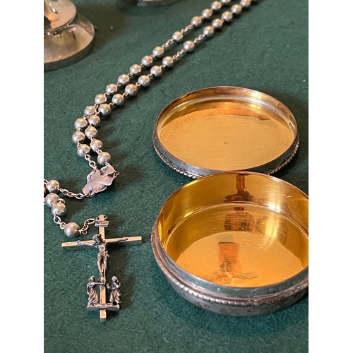 100 - Silver Rosary Beads and Candle Sticks