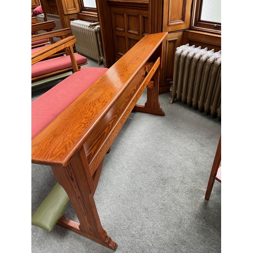 104 - Pitch Pine Kneeler and Pew with Cushion made by T & C Martin Dublin (168 cm W x 86 cm H x 50 cm D)
