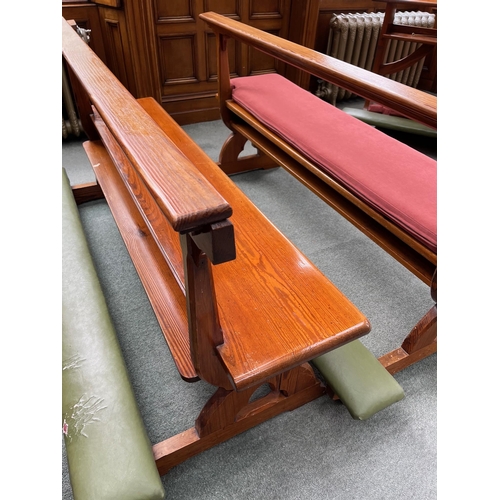 106 - Pair of Pitch Pine Pews made by T & C Dublin including Cushion (168 cm W x 80 cm H x 70 cm D)
