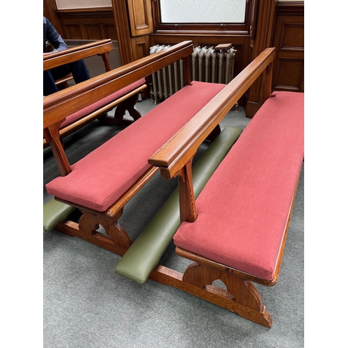 109 - Pair of Pitch Pine Pews made by T & C Dublin including Cushion (168 cm W x 80 cm H x 70 cm D)