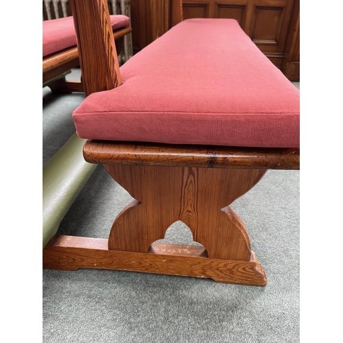 109 - Pair of Pitch Pine Pews made by T & C Dublin including Cushion (168 cm W x 80 cm H x 70 cm D)