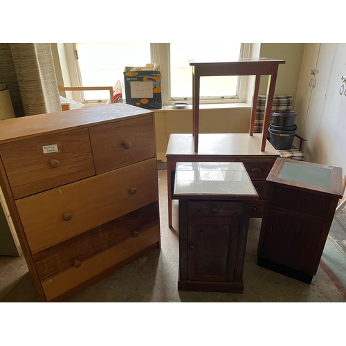 134 - Five Vintage Pieces including Chest, Two Pedestals and a Desk (Chest 94 cm W x 116 cm H x 45 cm D)