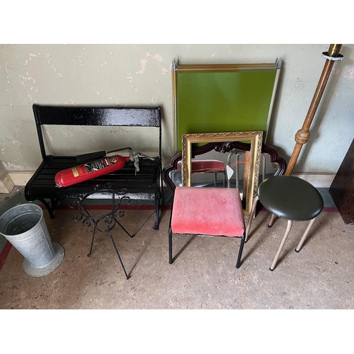 135 - Garden Bench with Adjustable Back, Gilt Frame Oak Candle Stand and Vintage Extinguisher