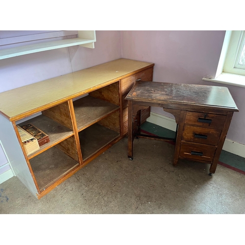 136 - Vintage Desk and Vintage Pitch Pine Fronted Cubby Hole Cabinet (Cabinet 170 cm W x 84 cm H x 53 cm D... 