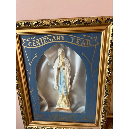 40 - Collection of Religious Pictures including Centenary Year Lourdes Framed Statue of Our Lady