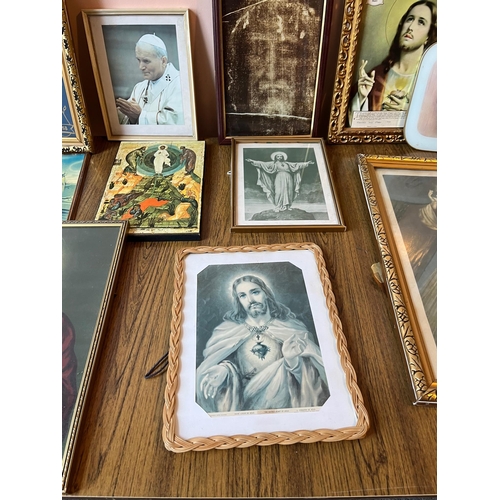 40 - Collection of Religious Pictures including Centenary Year Lourdes Framed Statue of Our Lady