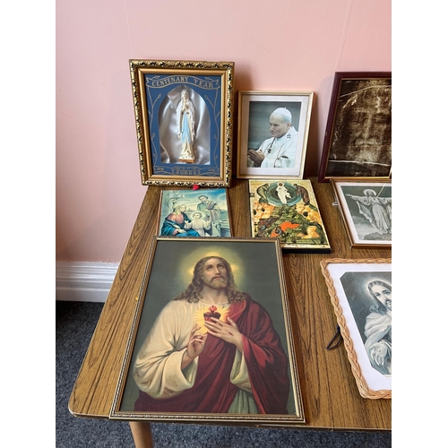 40 - Collection of Religious Pictures including Centenary Year Lourdes Framed Statue of Our Lady