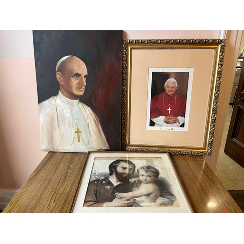 43 - Oil on Canvas Framed Print of Pope Frances and an Antique Framed Engraving