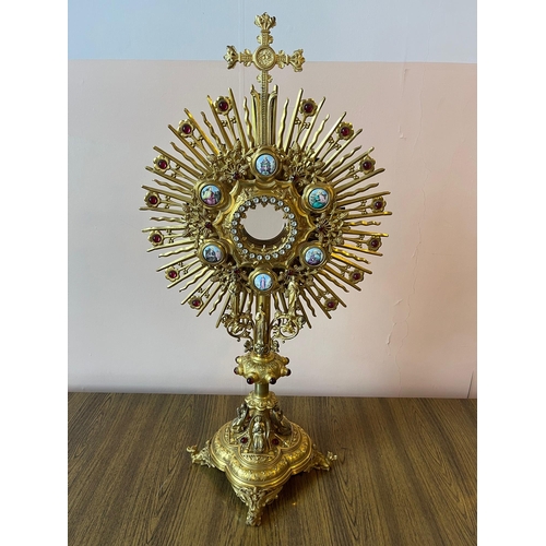 44 - Gilded Brass Monstrance with Ruby Cabochons and Original Case (29 cm W x 73 cm H)
