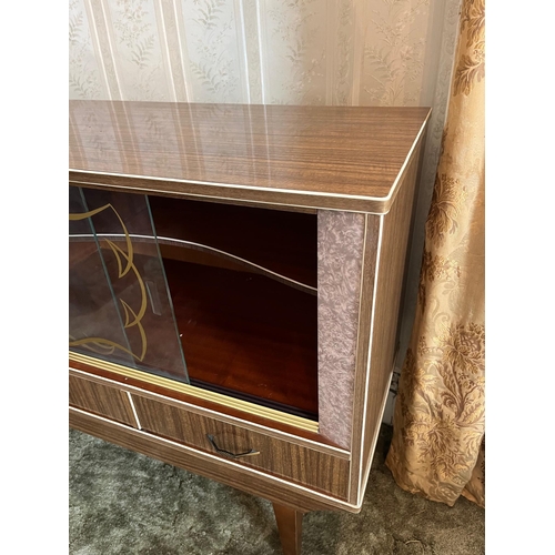 57 - Vintage Formica Side Cabinet with Sliding Glass Doors (122 cm W x 80 cm H x 38 cm D)