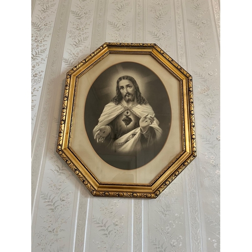 59 - Three Framed Religious Prints, Anne Marie Javouhey, Our Lady and Sacred Heart (46 cm W x 58 cm H)