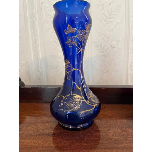 63 - Pair of Bristol Blue Vases of Waisted Form with Gilded Leaf Embellishment (22 cm H)