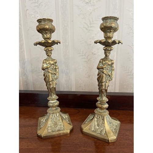 64 - Pair of Regency Style Brass Candle Sticks (23 cm H)