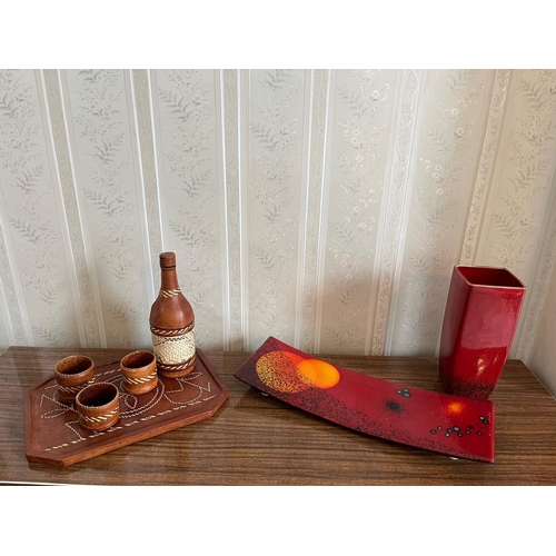 68 - Glazed Shaped Dish and Vase and a Leather Covered Decanter and Tray