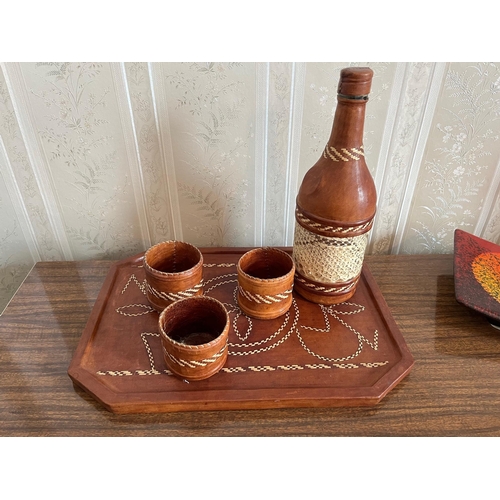 68 - Glazed Shaped Dish and Vase and a Leather Covered Decanter and Tray