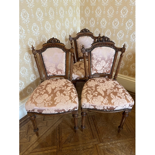 77 - Three Victorian Walnut Dining Chairs with Floral Upholstery (90 cm H)