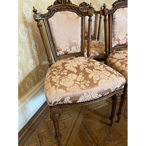 77 - Three Victorian Walnut Dining Chairs with Floral Upholstery (90 cm H)