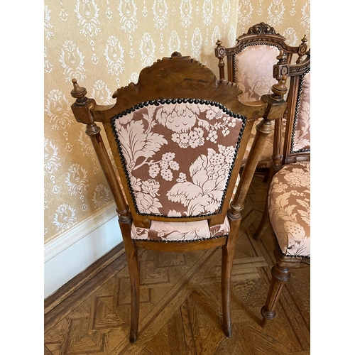 77 - Three Victorian Walnut Dining Chairs with Floral Upholstery (90 cm H)