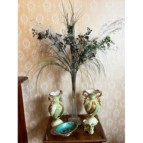 80 - Lily Vase with Contents and a Pair of Glazed and Gold Vases etc. (60 cm H)