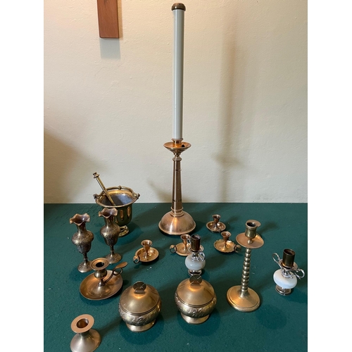 97 - Collection of Ecclesiastical Brass Items including Candle Sticks and Holy Water Receptacle