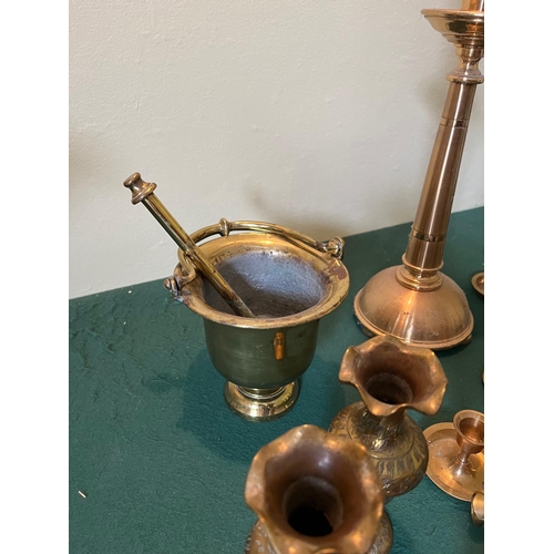 97 - Collection of Ecclesiastical Brass Items including Candle Sticks and Holy Water Receptacle