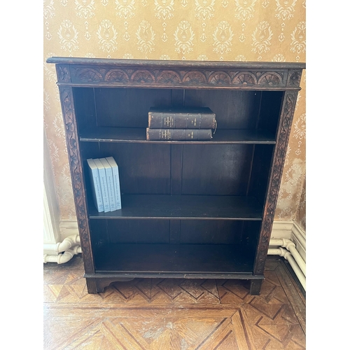 139 - Victorian Oak Jacobean Style Open Bookcase (91 cm W x 110 cm H x 27 cm D)