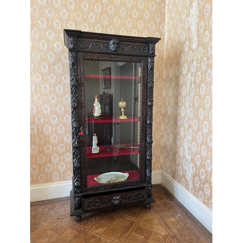 140 - Unusual Tall Oak Jacobean Style Display Cabinet  with Full Length Door and Base Drawer (105 cm W x 2... 