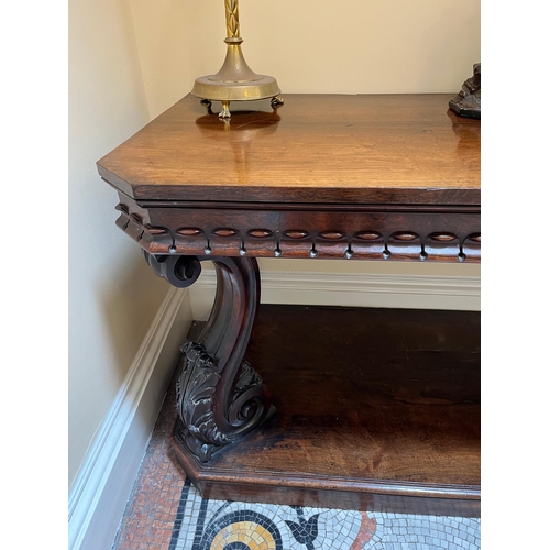 185 - Regency Rosewood Console Table with Canted Corners above Inverted Supports and Acanthus Leaf Decorat... 