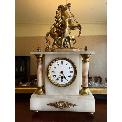 239 - Antique Marble Mantle Clock Surmounted by a Stallion (not working) (25 cm W x 45 cm H x 11 cm D)