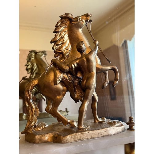 239 - Antique Marble Mantle Clock Surmounted by a Stallion (not working) (25 cm W x 45 cm H x 11 cm D)