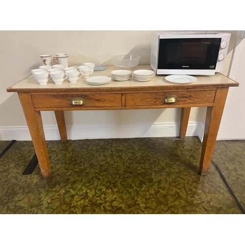 252 - Vintage Oak Side Table with Two Drawers and Inset Formica Top (128 cm W x 76 cm H x 61 cm D)