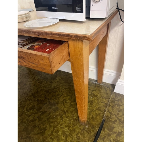 252 - Vintage Oak Side Table with Two Drawers and Inset Formica Top (128 cm W x 76 cm H x 61 cm D)