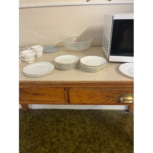 252 - Vintage Oak Side Table with Two Drawers and Inset Formica Top (128 cm W x 76 cm H x 61 cm D)