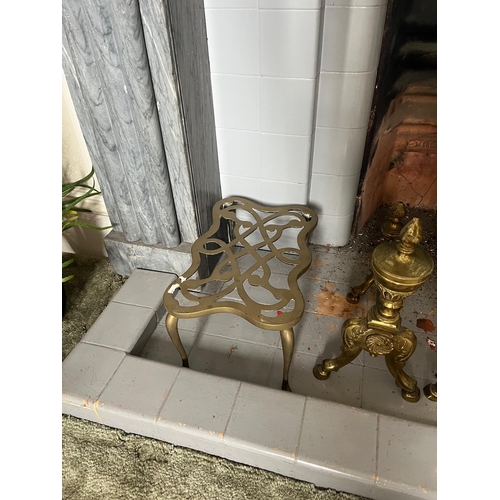 256 - Pair of Heavy Brass Fire Dogs, Brass Trivet and Log/Peat Holder