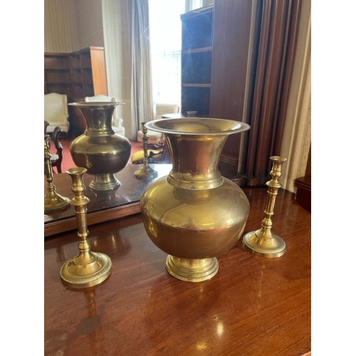 283 - Heavy Brass Vase and a Pair of Brass Candle Sticks (Vase 25 cm W x 36 cm H)