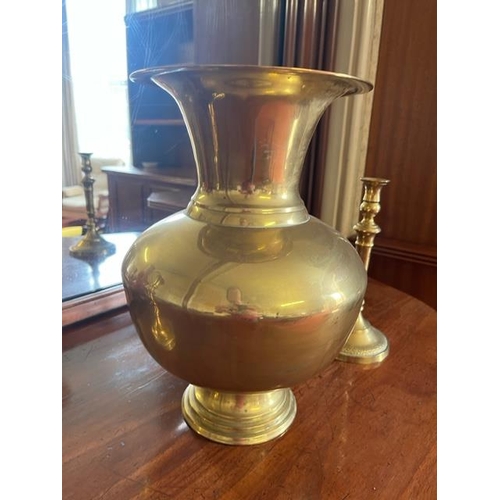 283 - Heavy Brass Vase and a Pair of Brass Candle Sticks (Vase 25 cm W x 36 cm H)