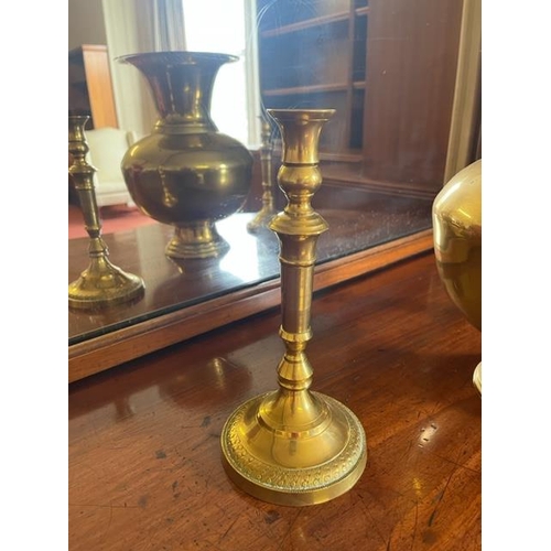 283 - Heavy Brass Vase and a Pair of Brass Candle Sticks (Vase 25 cm W x 36 cm H)