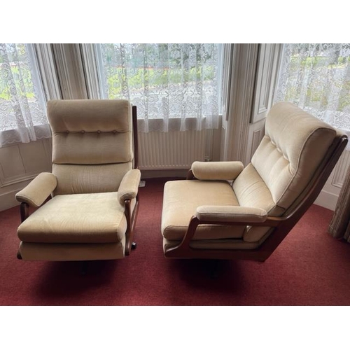 284 - Pair of Mid Century Teak Swivel Upholstered Arm Chairs (71 cm W x 90 cm W x 85 cm D)