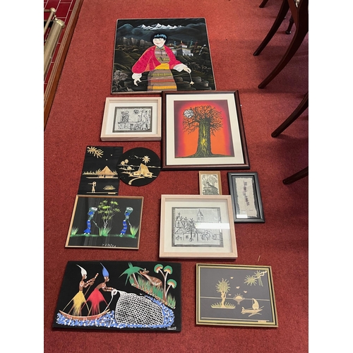 288 - Collection of Cloth, Ogham and Wood Cut Pictures (Largest 66 cm W x 74 cm H)