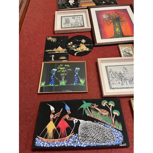 288 - Collection of Cloth, Ogham and Wood Cut Pictures (Largest 66 cm W x 74 cm H)