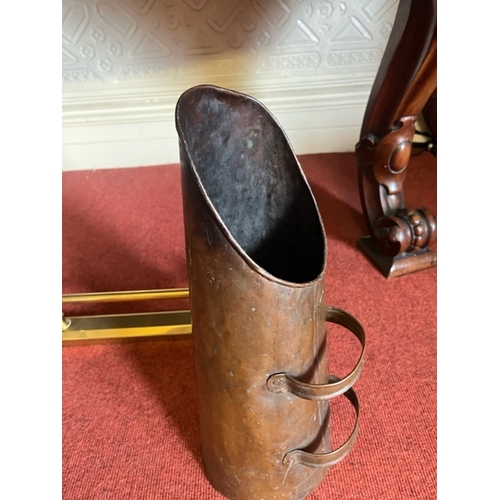 268 - Edwardian Brass Fender, Brass Coal Helmet and a Copper Coal Hod (Fender 117 cm W x 43 cm H)